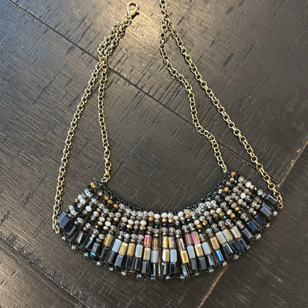 Bib Style Multicolor Beaded Gold Tone Statement Necklace Aurora Borealis AB​